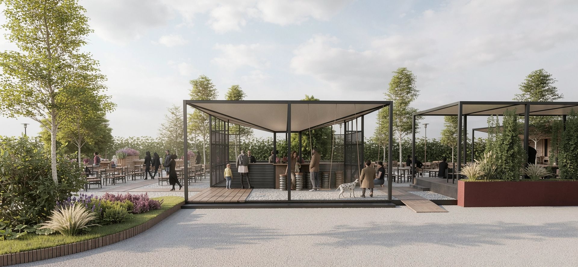 Restaurant SouthBurger — pavilion cu cadru metalic și acoperiș textil, peste bar placat cu tablă cutată