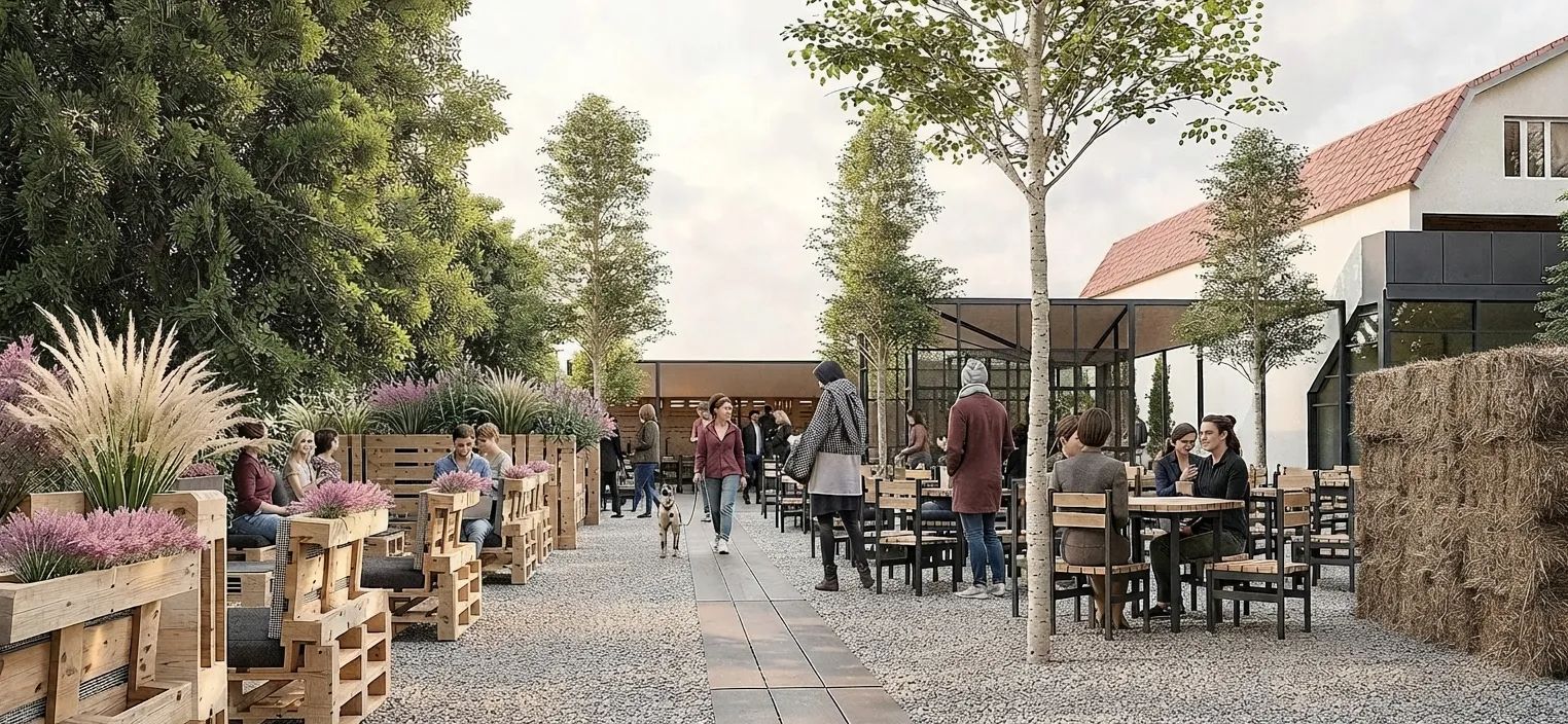 Restaurant SouthBurger — banchete din paleți de lemn, jardiniere cu graminee și dale de beton pe pietriș