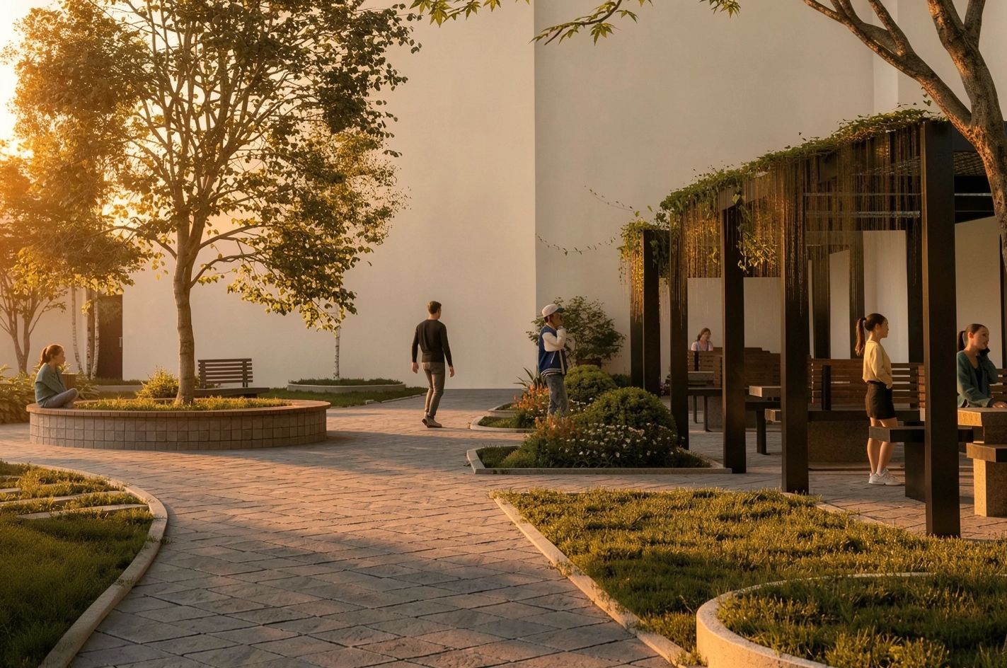 Parc Luceafărul — jardinieră circulară placată, pergolă cu plante agățătoare și pavaj din dale