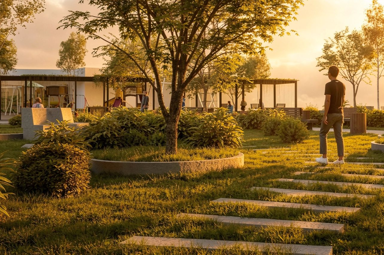 Parc Luceafărul — dale de trecere prin gazon și inel de piatră în jurul arborelui, cu pavilion vitrat