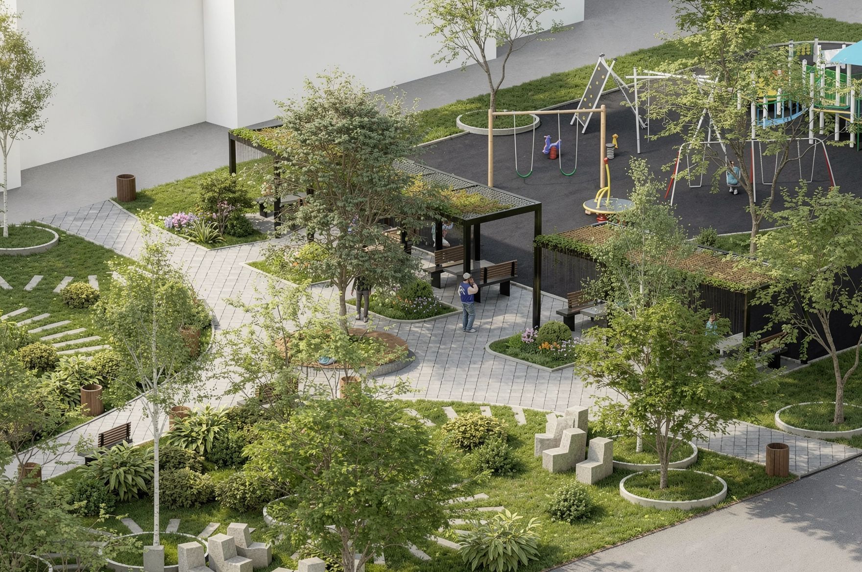 Parc Luceafărul — vedere de ansamblu, cu loc de joacă, pergole cu bănci și alei pavate între zonele plantate
