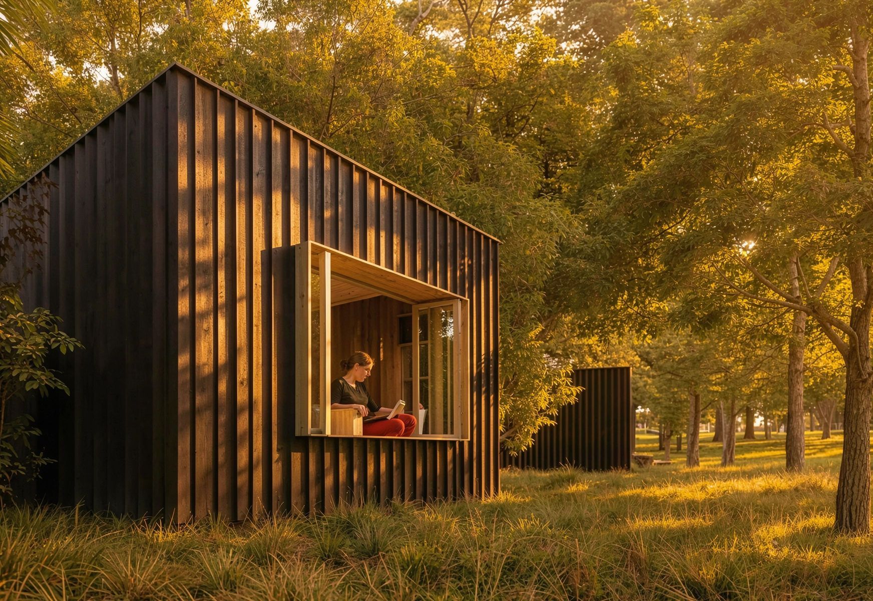 Compact Habitat — volum din lamele verticale de lemn, cu fereastră adâncă și intrados din lemn deschis