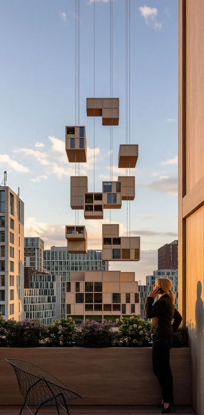 Prefab Horizon — module din lemn suspendate pe cabluri peste o clădire modulară, văzute de pe terasă