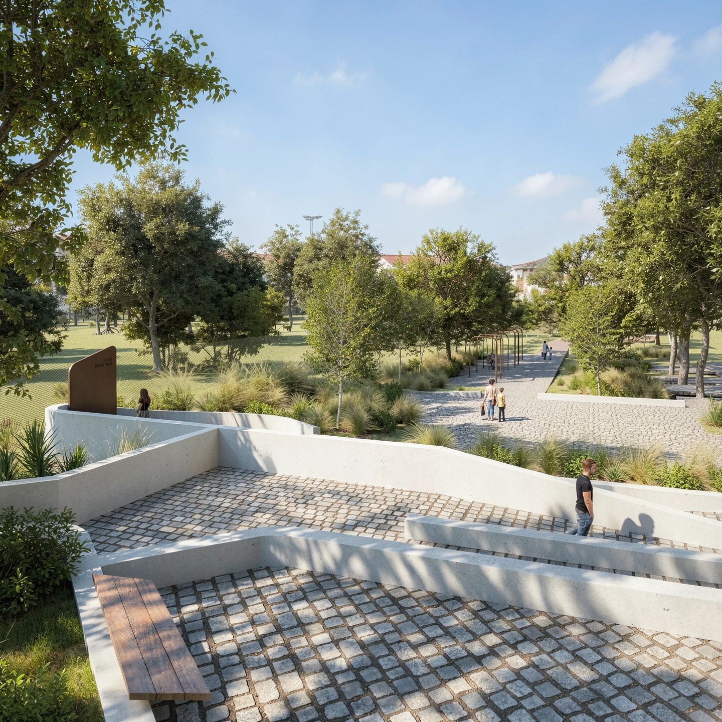 Parc Bună ziua — trepte și ziduri de sprijin din beton, pavaj din piatră cubică și bancă din lemn