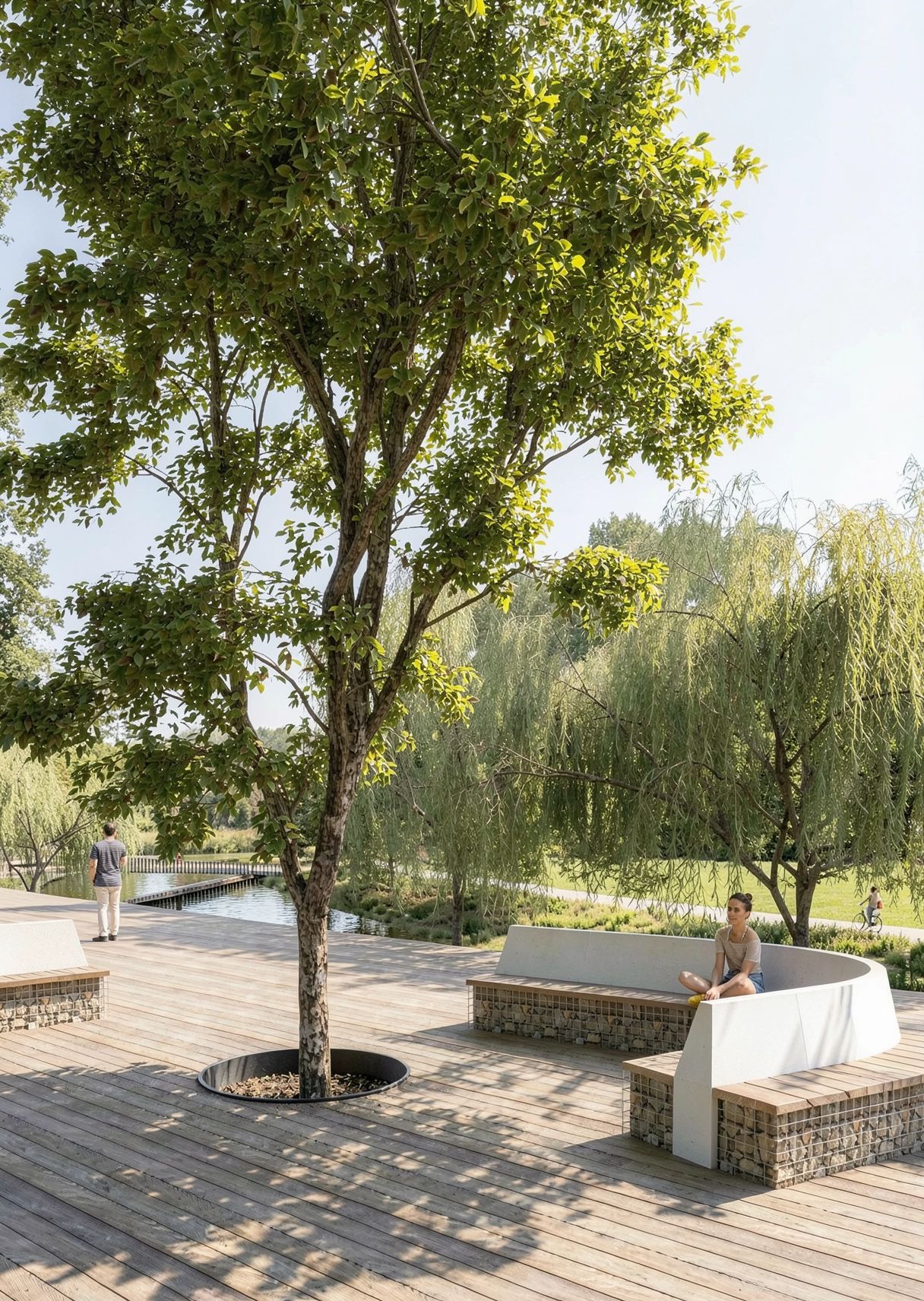 Parc Bună ziua — platformă din lemn cu bănci pe socluri de gabioane și copac în cerc metalic