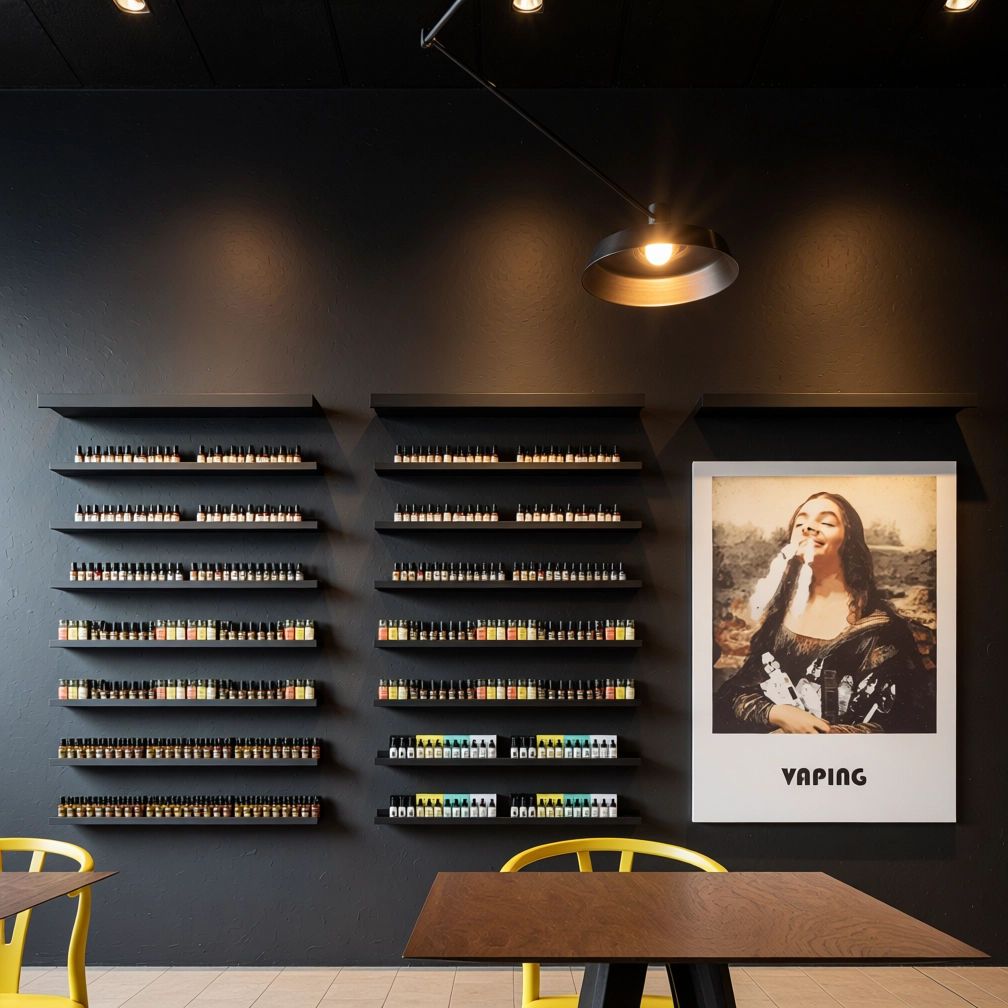 Cafenea Smokey — perete negru cu rafturi liniare pentru flacoane și lampă articulată