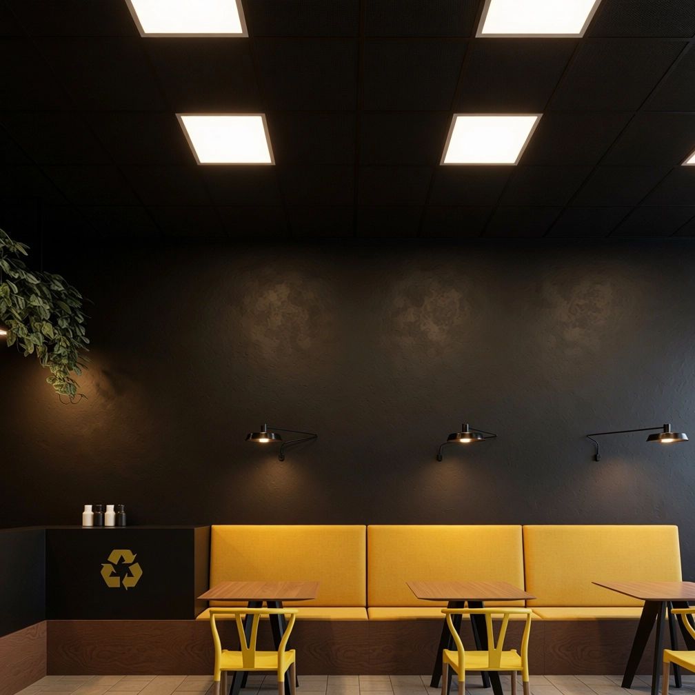 Cafenea Smokey — banchetă continuă pe suport din lemn, sub tavan casetat cu panouri luminoase