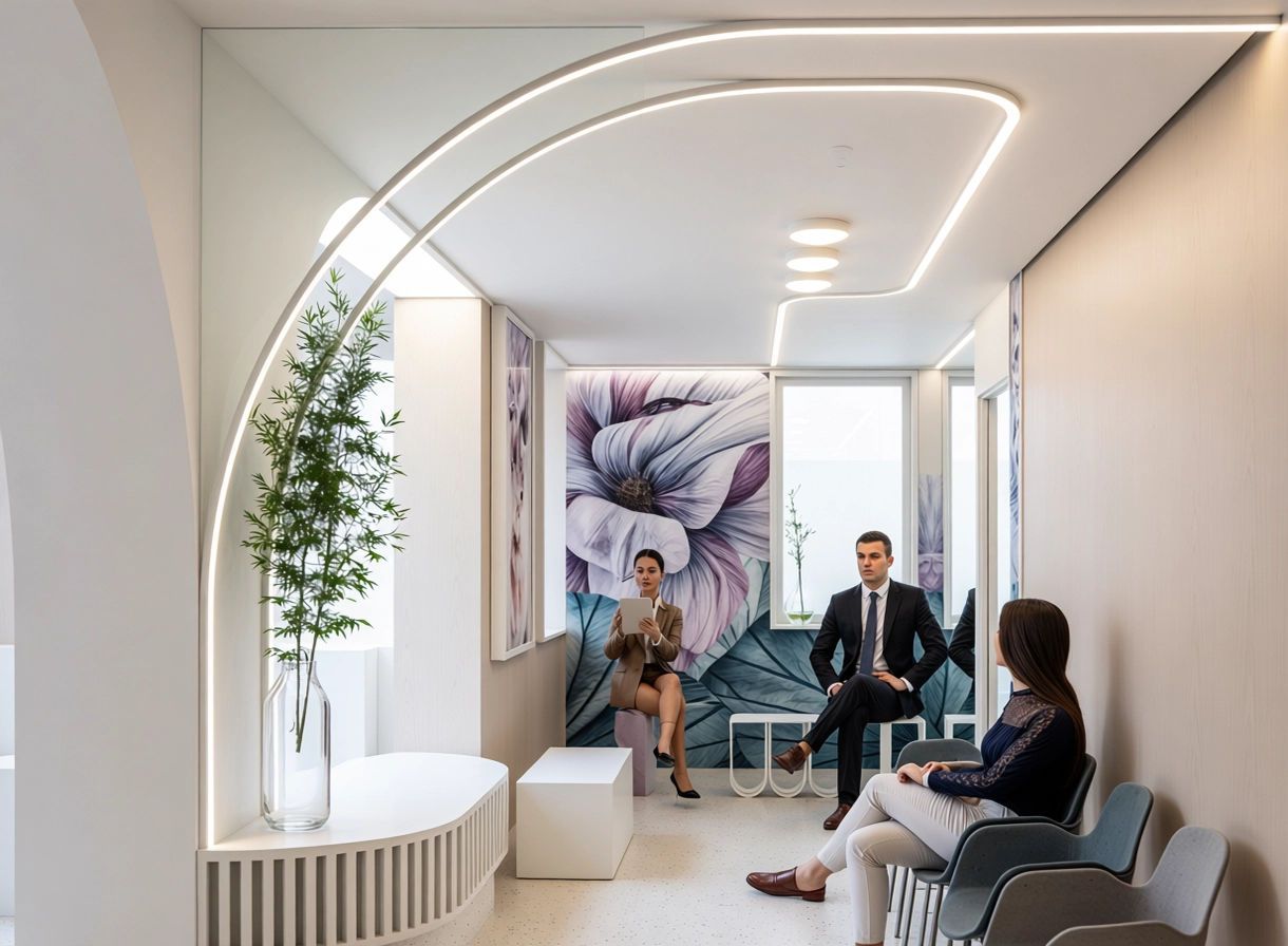 Clinică medicală — arcadă cu profil luminos continuu și fototapet floral în zona de așteptare