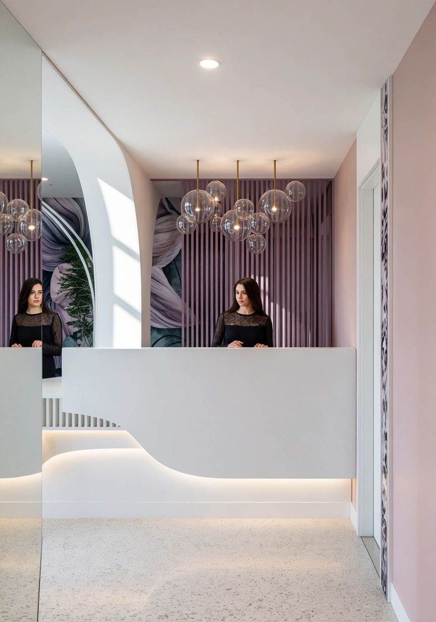 Clinică medicală — recepție albă cu profil luminos curb, lambriu vertical mov și globuri de sticlă