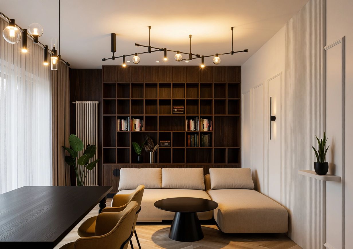 Apartament TP — dulap înalt fără mânere, panou din lamele de lemn și banchetă în nișă