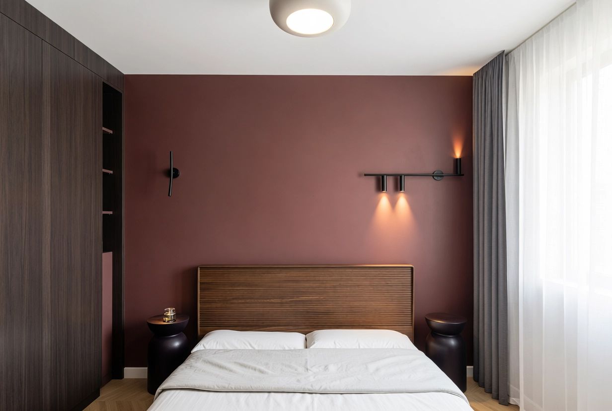Apartament AD 1 — dormitor cu perete grena, tăblie din lemn riflat și aplice negre, lângă dulapul până în tavan