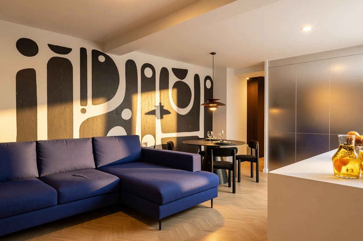 Apartament AD 2 — living cu canapea colțar albastră, tapet Vladila abstract și parchet brăduț, în spic