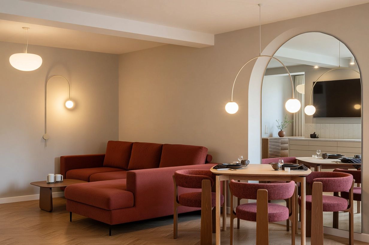 Apartament AD 3 — living cu canapea cărămizie, oglindă semicirculară și scaune tapițate grena la masa din lemn