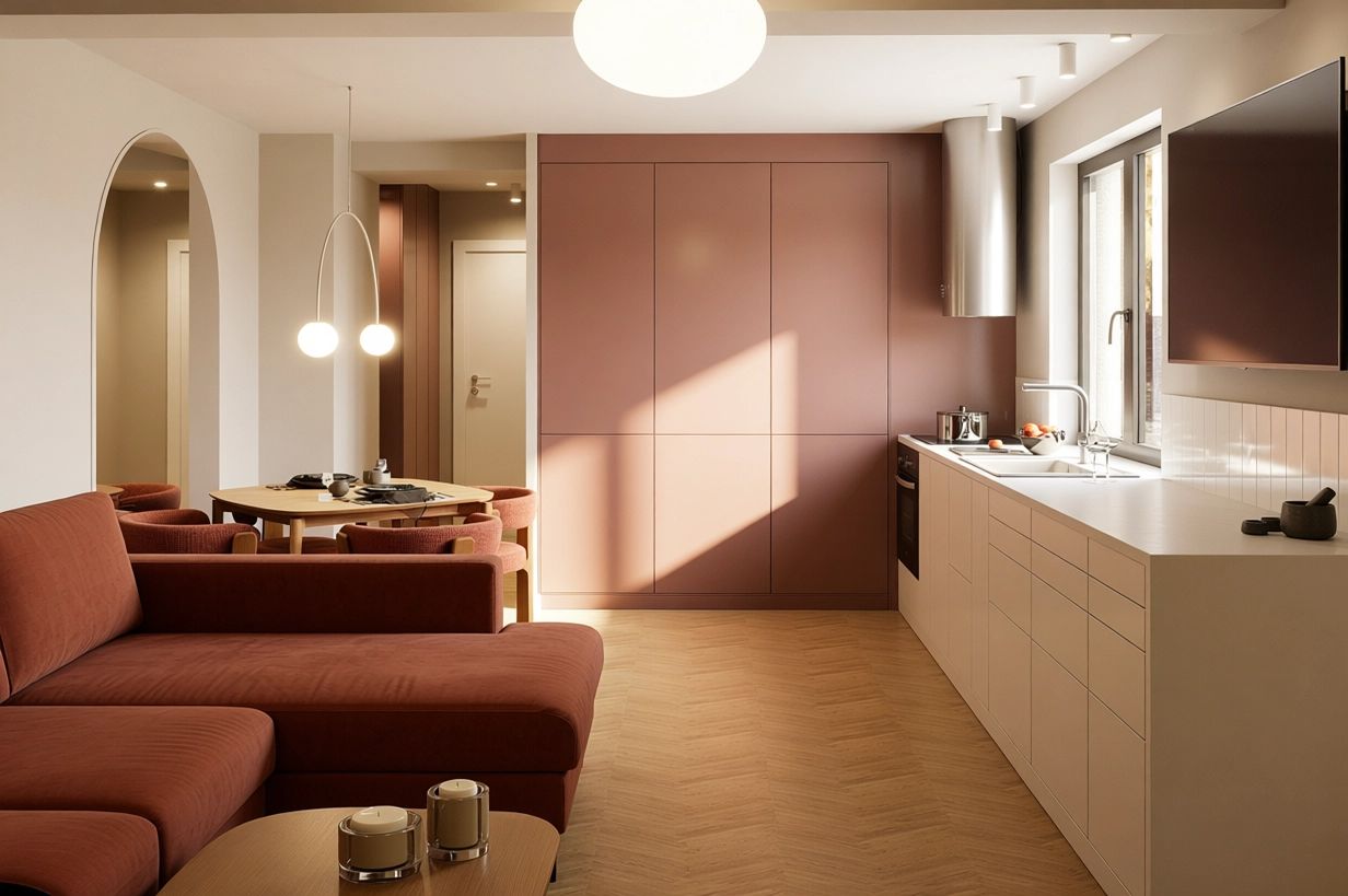 Apartament AD 3 — bucătărie deschisă spre living, cu corp înalt roz-cărămiziu și hotă cilindrică metalică