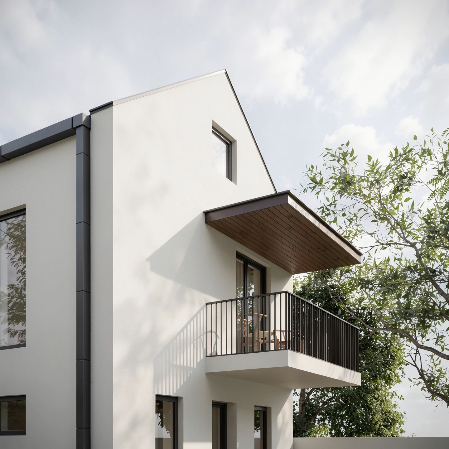 Casa GL — colțul casei, cu fronton alb, fereastră verticală și balconul în consolă