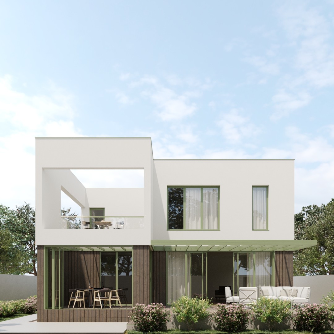 Casa D — pergolă metalică verde peste terasa parterului placat cu lemn