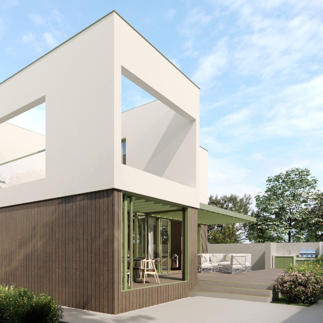 Casa D — colțul volumului alb al etajului, spre terasa cu trepte, pergolă metalică și bucătăria de exterior