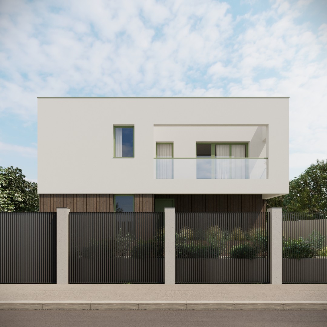 Casa D — fațada spre stradă, cu logie, balustradă de sticlă și gard din lamele metalice