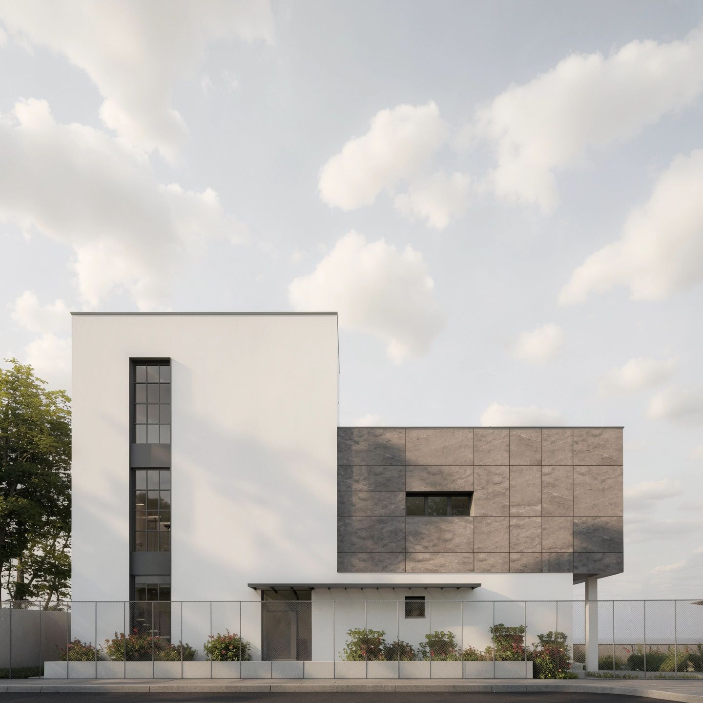 Casa S — volum placat cu ardezie flexibilă, accent gri închis pe fațadă, fațadă vitrată verticală