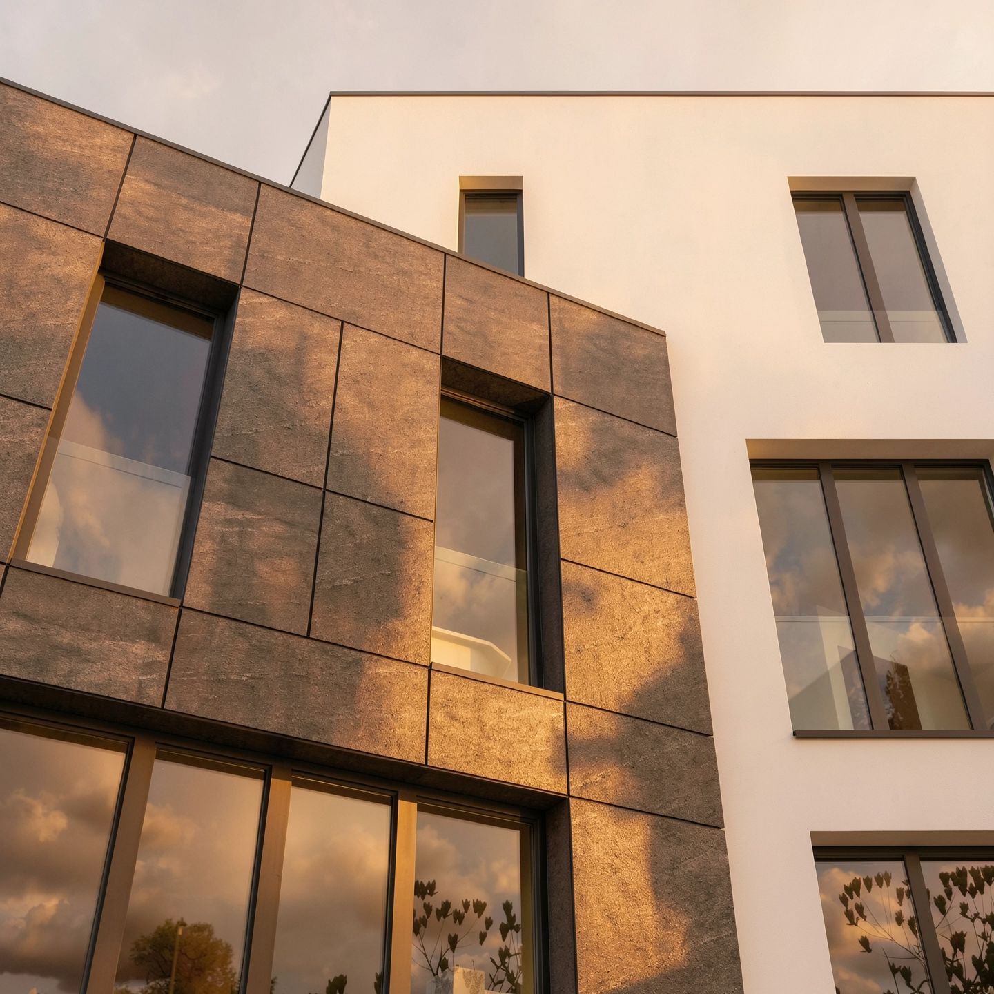 Casa S — detaliu de fațadă, cu rosturile plăcilor de ardezie flexibilă și volum tencuit