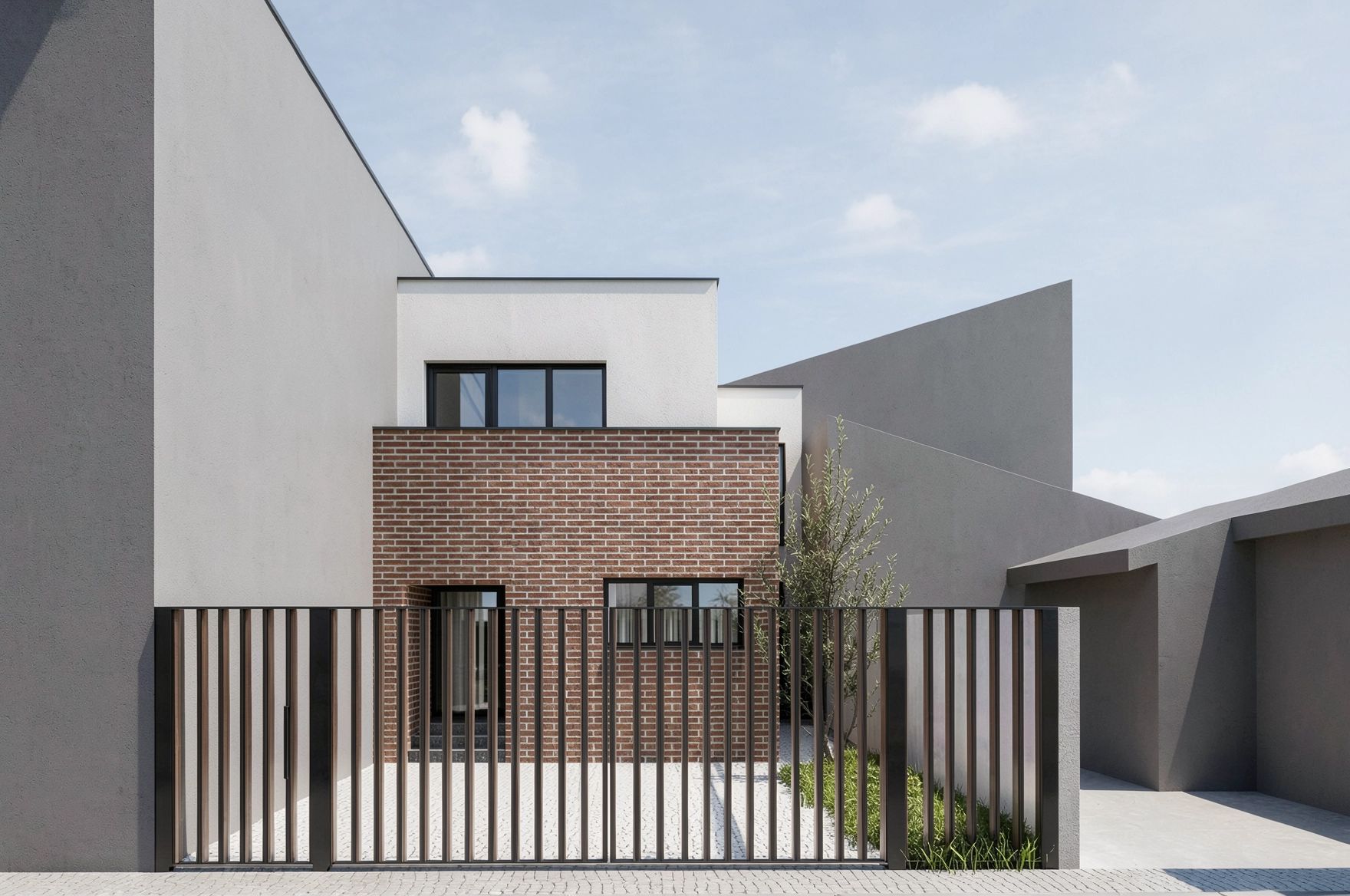 Casa PN — fațadă din cărămidă aparentă în spatele porții metalice cu lamele verticale