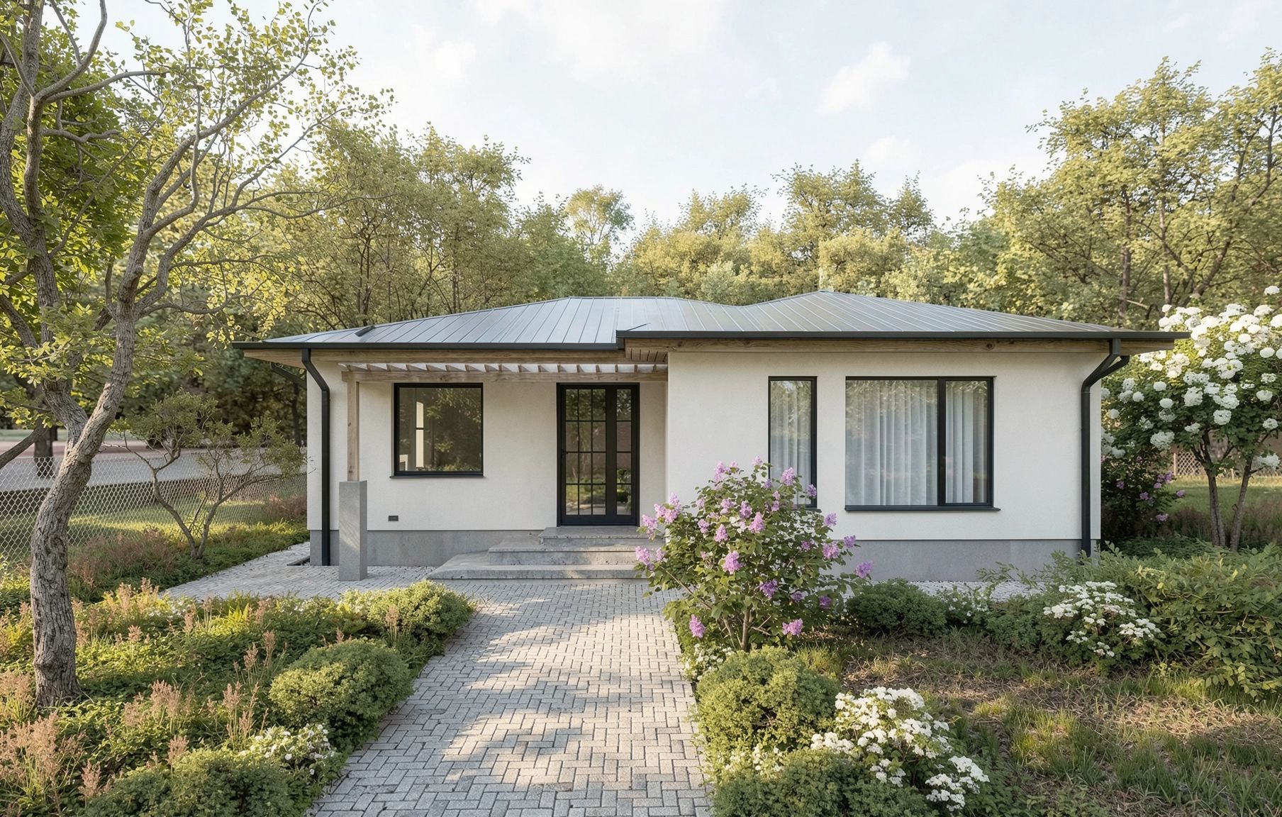 Casa C — acoperiș din tablă fălțuită cu intrados din lemn și pergolă în stânga intrării, tencuială albă, casă la sat