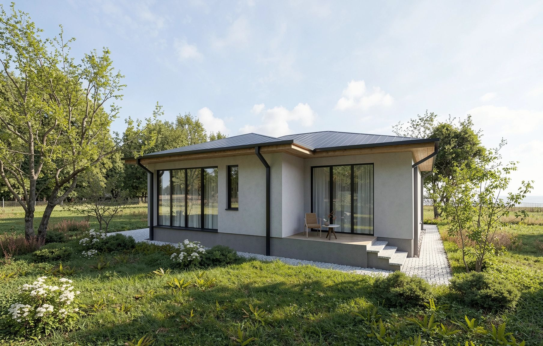 Casa C — terasă și trepte spre grădină mare, casă la sat
