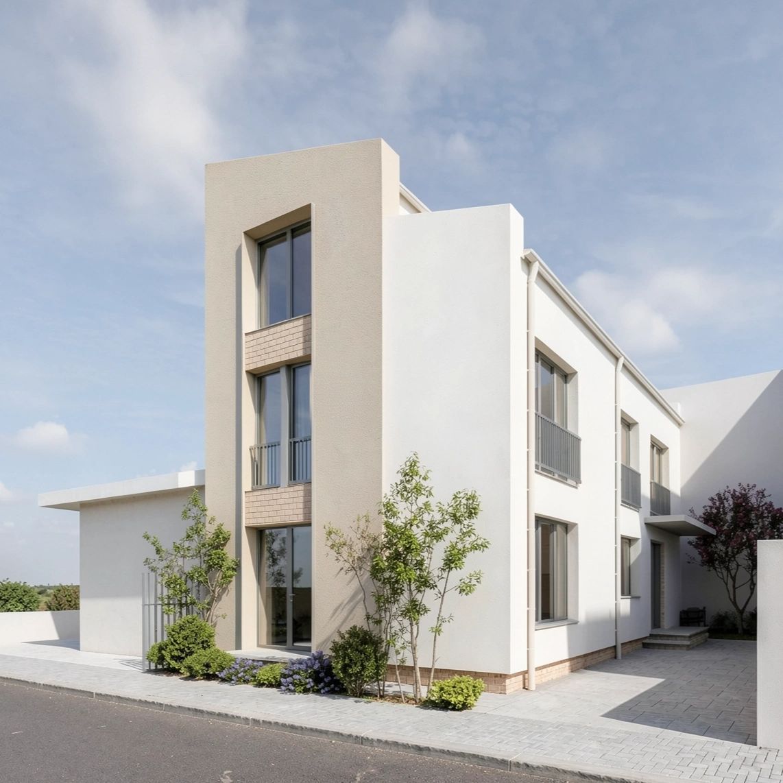 Casa IB — fereastră verticală continuă pe trei niveluri, cu tâmplărie neagră și tencuială texturată