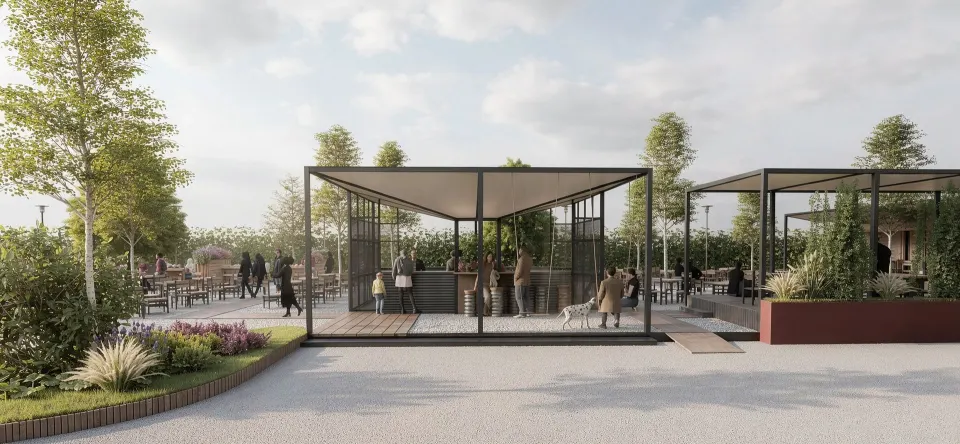 Restaurant SouthBurger — pavilion cu cadru metalic și acoperiș textil, peste bar placat cu tablă cutată