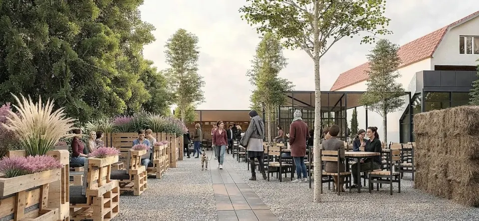 Restaurant SouthBurger — banchete din paleți de lemn, jardiniere cu graminee și dale de beton pe pietriș
