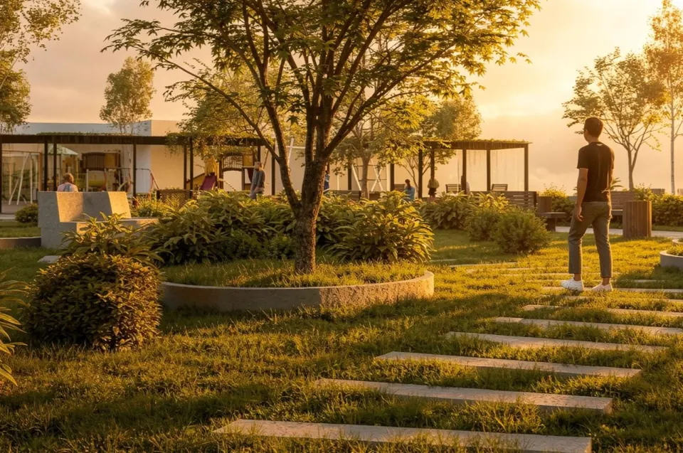 Parc Luceafărul — dale de trecere prin gazon și inel de piatră în jurul arborelui, cu pavilion vitrat