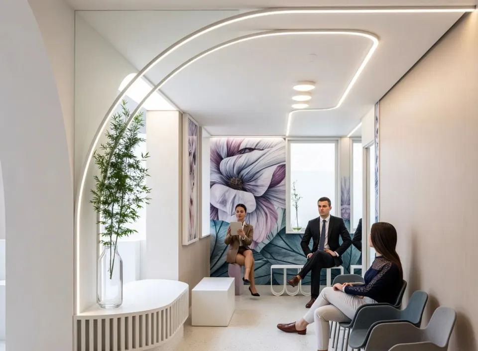 Clinică medicală — arcadă cu profil luminos continuu și fototapet floral în zona de așteptare