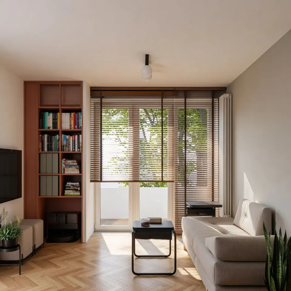 Apartament C9 — living cu bibliotecă încastrată Kronospan K098 Ceramic Red, canapea bej Innovation Living și jaluzele din lemn la fereastră