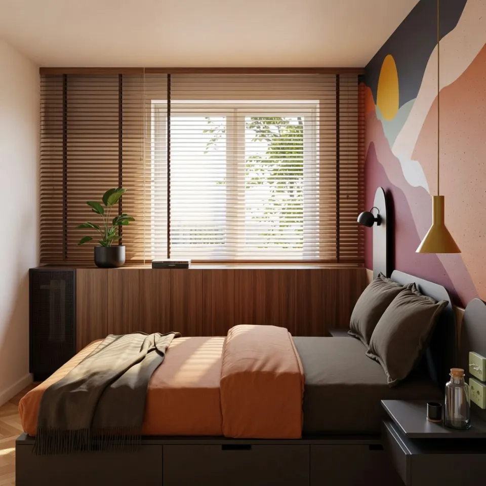 Apartament C9 — dormitor cu pat IKEA Nordli cu sertare și tapet Vladila pe peretele lateral