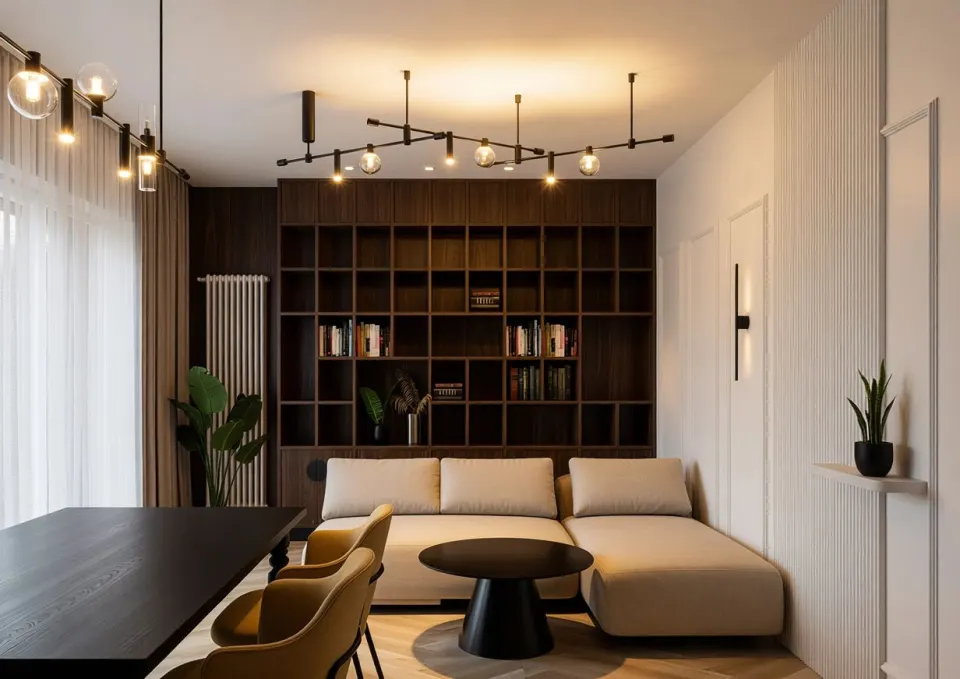 Apartament TP — dulap înalt fără mânere, panou din lamele de lemn și banchetă în nișă