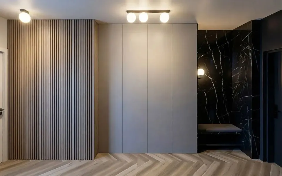 Apartament TP — dulap înalt cu fronturi netede și placaj negru marmorat cu banchetă în zona de intrare