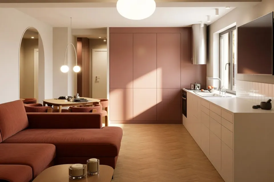 Apartament AD 3 — bucătărie deschisă spre living, cu corp înalt roz-cărămiziu și hotă cilindrică metalică
