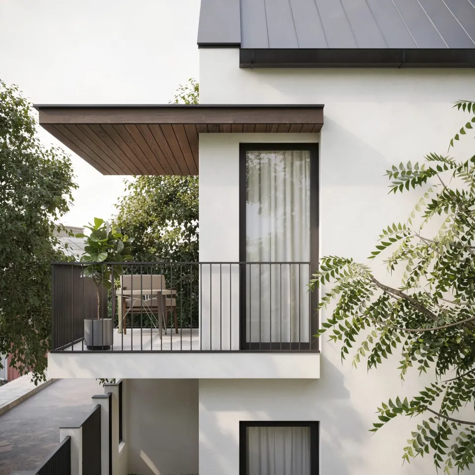 Casa GL — balcon acoperit sub acoperiș din tablă fălțuită, cu intrados din lemn și parapet metalic