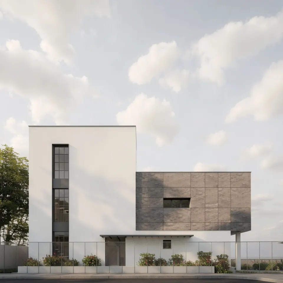Casa S — volum placat cu ardezie flexibilă, accent gri închis pe fațadă, fațadă vitrată verticală