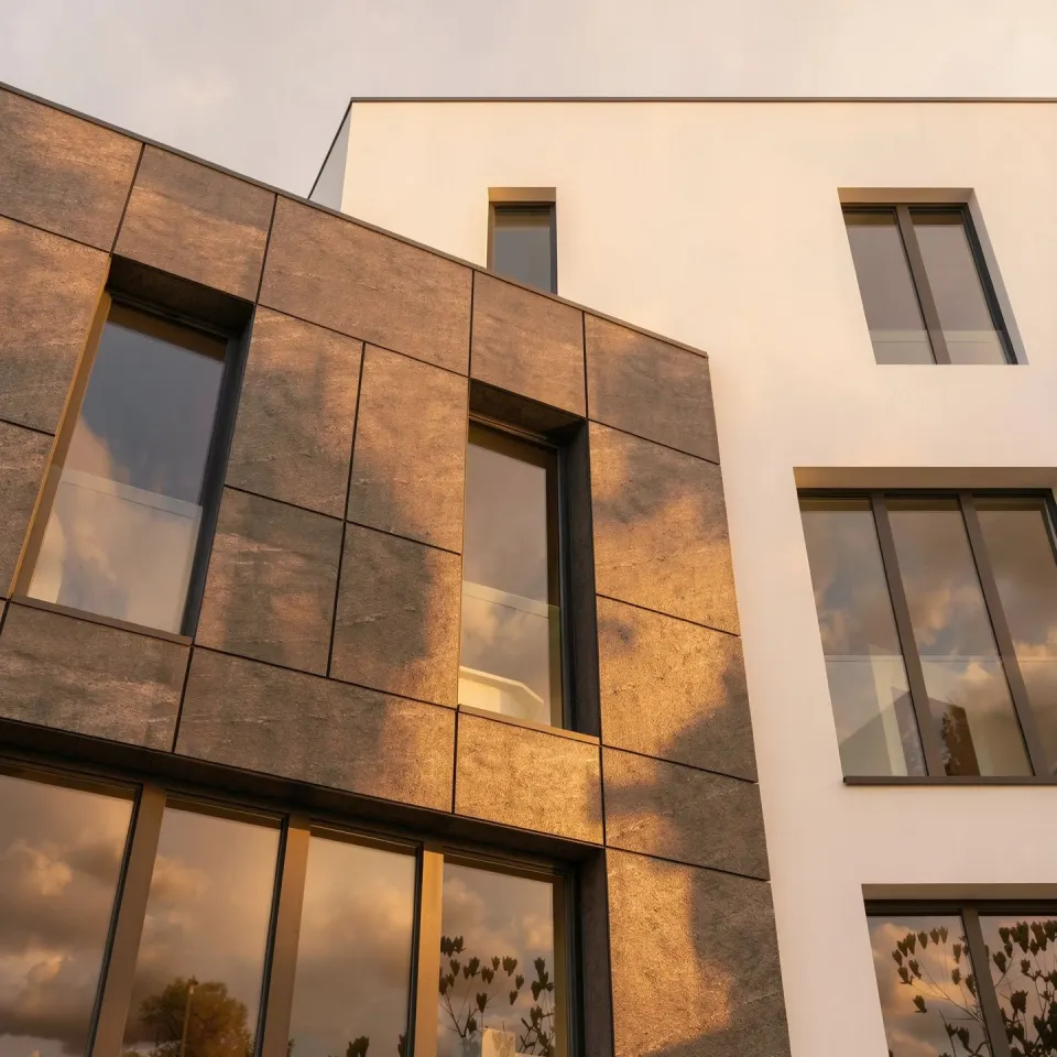 Casa S — detaliu de fațadă, cu rosturile plăcilor de ardezie flexibilă și volum tencuit