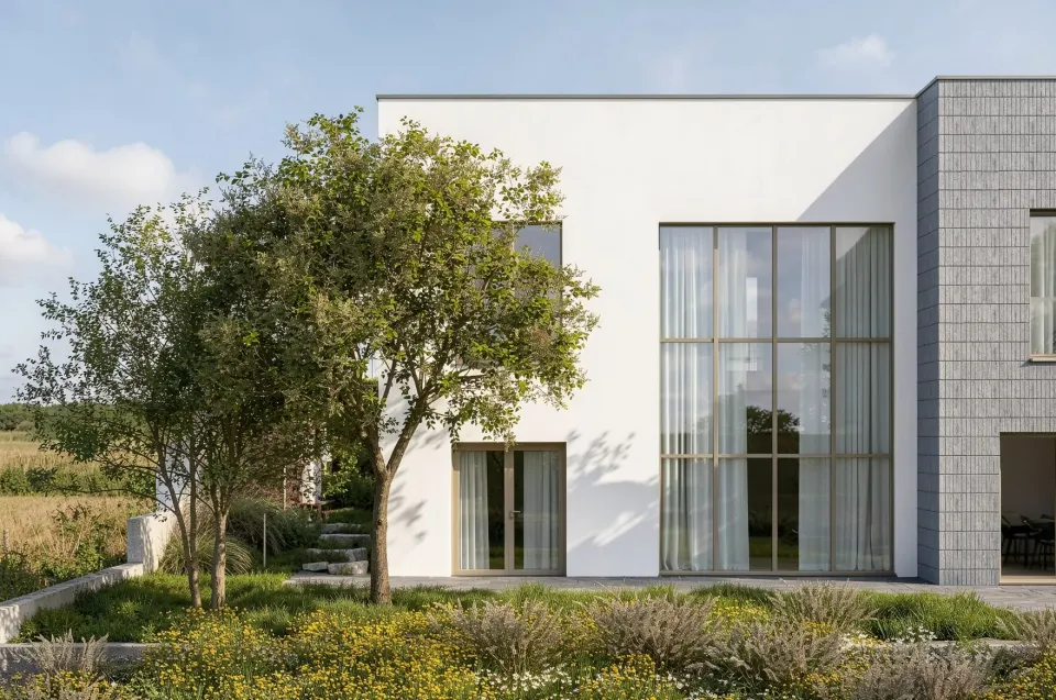 Casa MV — perete cortină pe două niveluri, în relația interior exterior