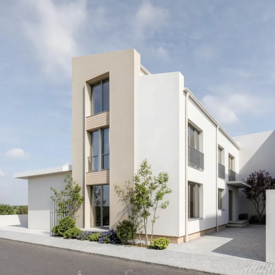 Casa IB — fațada către stradă, cu banda verticală de ferestre pe trei niveluri